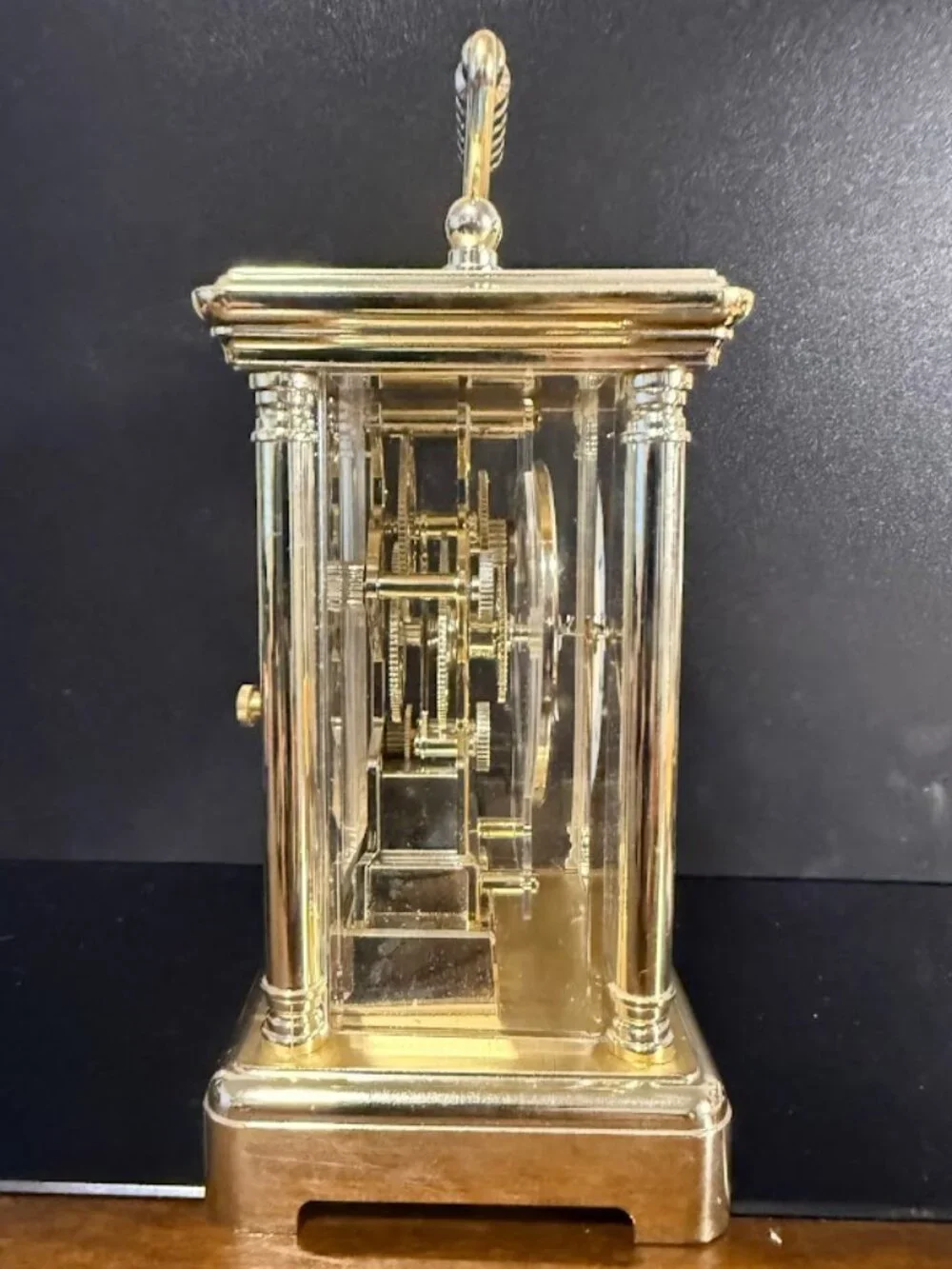 Howard Miller Carriage Clock Vintage Skeleton Brass & Glass Mantel Clock
